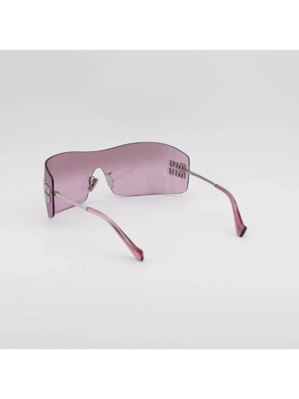 Miu Miu MUB53S 1BC70Y Sunglasses Silver Rimless Shield Frame, Pink Lenses